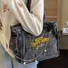 Fashion Canvas Tote Bag, Preppy Dark Grey with Chain &amp; Embroidery