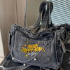Fashion Canvas Tote Bag, Preppy Dark Grey with Chain &amp; Embroidery