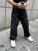 Unisex Street Style Embroidered Spider Web Denim Jeans, Loose Fit