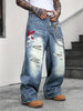 Men's Trendy Loose Chain Print Faux Jeans, Street Fashion Stylish Casual Straight Leg Pants