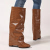 Women's Red Crocodile-Textured PU Slip-On Knee-High Boots