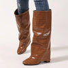 Women's Red Crocodile-Textured PU Slip-On Knee-High Boots