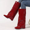 Women's Red Crocodile-Textured PU Slip-On Knee-High Boots