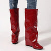 Women's Red Crocodile-Textured PU Slip-On Knee-High Boots