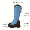 Women's High Heel Chunky Thick Sole Denim Boots