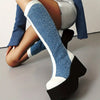 Women's High Heel Chunky Thick Sole Denim Boots