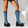 Women's High Heel Chunky Thick Sole Denim Boots