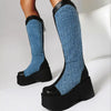 Women's High Heel Chunky Thick Sole Denim Boots