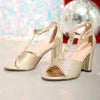 Elegant Golden Open-Toe High Heel Sandals with Braided Strap | Buckle Closure