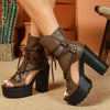 Women'S Fashion Retro Roman Open Toe Ankle Booties with Lace-Up Detail