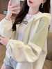 Women's Color-Block Hooded Zip-Up Jacket - Casual Korean Style Long Sleeve Relaxed Fit Spring/Fall Outerwear,