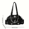 Gothic Punk-Inspired Black Faux Leather Tote Bag with Skull and Spider Metal Chain Design