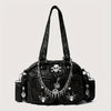 Gothic Punk-Inspired Black Faux Leather Tote Bag with Skull and Spider Metal Chain Design