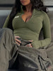 Women'S Elegant Olive Green Zip-Up Crop Top