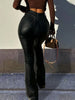 Women's High-Waisted PU Leather Flared Pants with Rivet Details