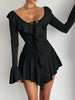 Women's Black Elegant V-Neck Backless Ruffled Sleeve Dress