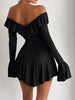 Women's Black Elegant V-Neck Backless Ruffled Sleeve Dress