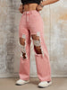 Women's Pink Ripped Straight-Leg Jeans