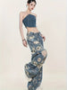 Ripped Holes Washed Blue Loose Fit Wide Leg Jeans