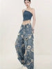Ripped Holes Washed Blue Loose Fit Wide Leg Jeans