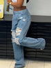 Ripped Stepped Waist Washed Blue Casual Style Denim Pants, Women's Denim Jeans & Clothing
