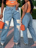 Ripped Stepped Waist Washed Blue Casual Style Denim Pants, Women's Denim Jeans & Clothing