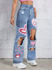 Wide Leg Denim Jeans With Cute Pinkish Heart Print