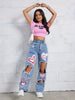 Wide Leg Denim Jeans With Cute Pinkish Heart Print
