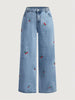Women's Light Blue Jeans with Red Cherry Floral