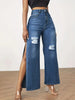 Wom) Blue High Waist Split Denim Pants,