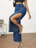 Wom) Blue High Waist Split Denim Pants,