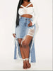 Women's High-Waisted Distressed Denim Midi Skirt
