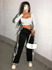 Women'S Fashionable Black Cargo Pants with White Lace Accents