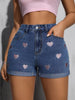 Women's Casual Denim Shorts, High Waist Embroidered Hearts Rolled Hem