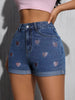 Women's Casual Denim Shorts, High Waist Embroidered Hearts Rolled Hem