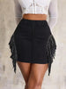 Women's High-Waisted Slim-Fit Black Denim Skirt with Fringe Hem