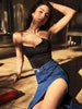 Women'S High-Waisted Stretch Denim Skirt with Side Slit