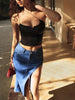 Women'S High-Waisted Stretch Denim Skirt with Side Slit