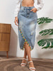 Women's Elegant Denim Midi Skirt with Frayed Hem and Colorful Tassel Details
