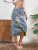 Women's Elegant Denim Midi Skirt with Frayed Hem and Colorful Tassel Details