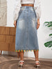 Women's Elegant Denim Midi Skirt with Frayed Hem and Colorful Tassel Details