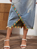 Women's Elegant Denim Midi Skirt with Frayed Hem and Colorful Tassel Details