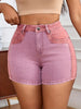 Women's High-Waisted Stretchy Denim Shorts with Contrast Color Patchwork