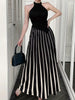Women'S Stylish Black Halter Neck Top & Striped Maxi Skirt Two-Piece Set