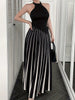 Women'S Stylish Black Halter Neck Top & Striped Maxi Skirt Two-Piece Set