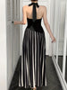 Women'S Stylish Black Halter Neck Top & Striped Maxi Skirt Two-Piece Set