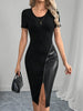 Elegant Women'S Black Short Sleeve Zipper Mini Dress with Slit