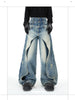 Deconstructed Washed Blue Bamboo-Texture Layered Denim Jeans