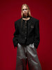 Luxury Textured Short Tweed Jacket with Shoulder Pads and Metallic Details