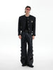 Luxury Textured Short Tweed Jacket with Shoulder Pads and Metallic Details